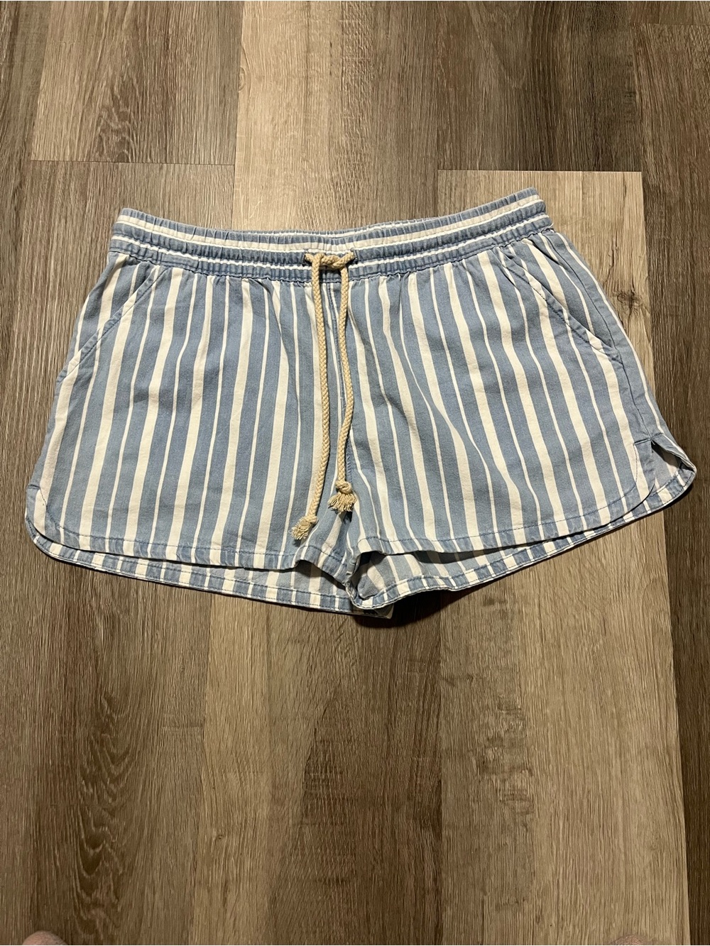 aerie Light Blue & White Striped High Waist Drawstring Shorts